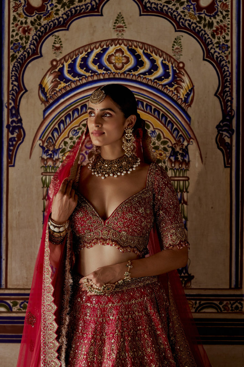 RED RAW SILK LEHENGA CHOLI WITH A NET DUPATTA