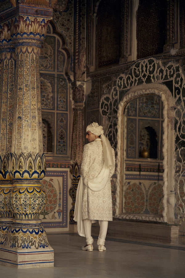 IVORY AND BEIGE RAW SILK SHERWANI SET WITH KURTA AND CHURIDAR