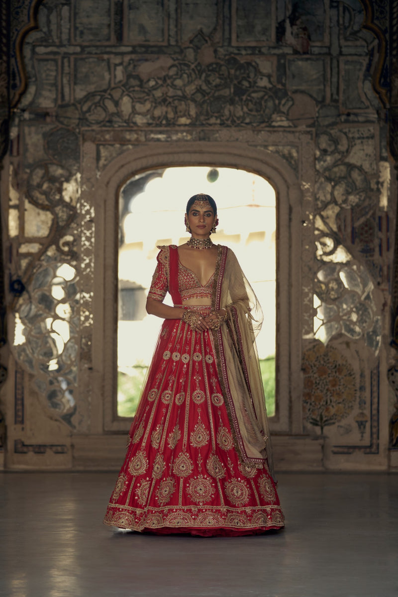 RED RAW SILK LEHENGA CHOLI WITH NET DUPATTA