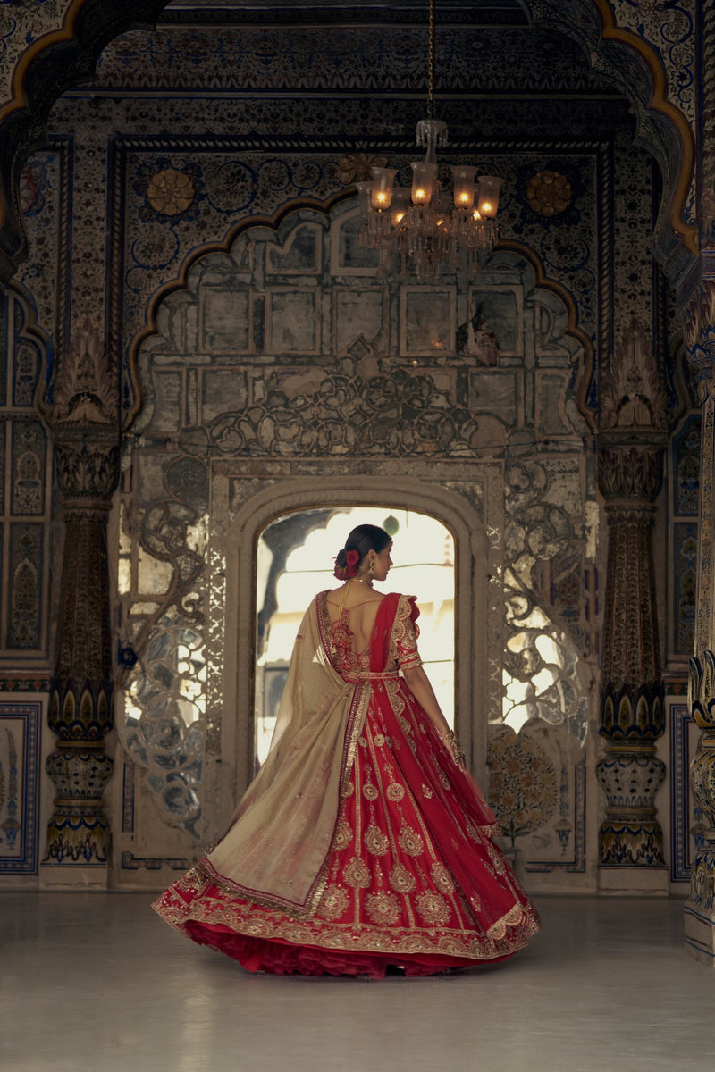 RED RAW SILK LEHENGA CHOLI WITH NET DUPATTA