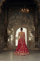 DEEP RED RAW SILK LEHENGA CHOLI SET WITH A TULLE DUPATTA