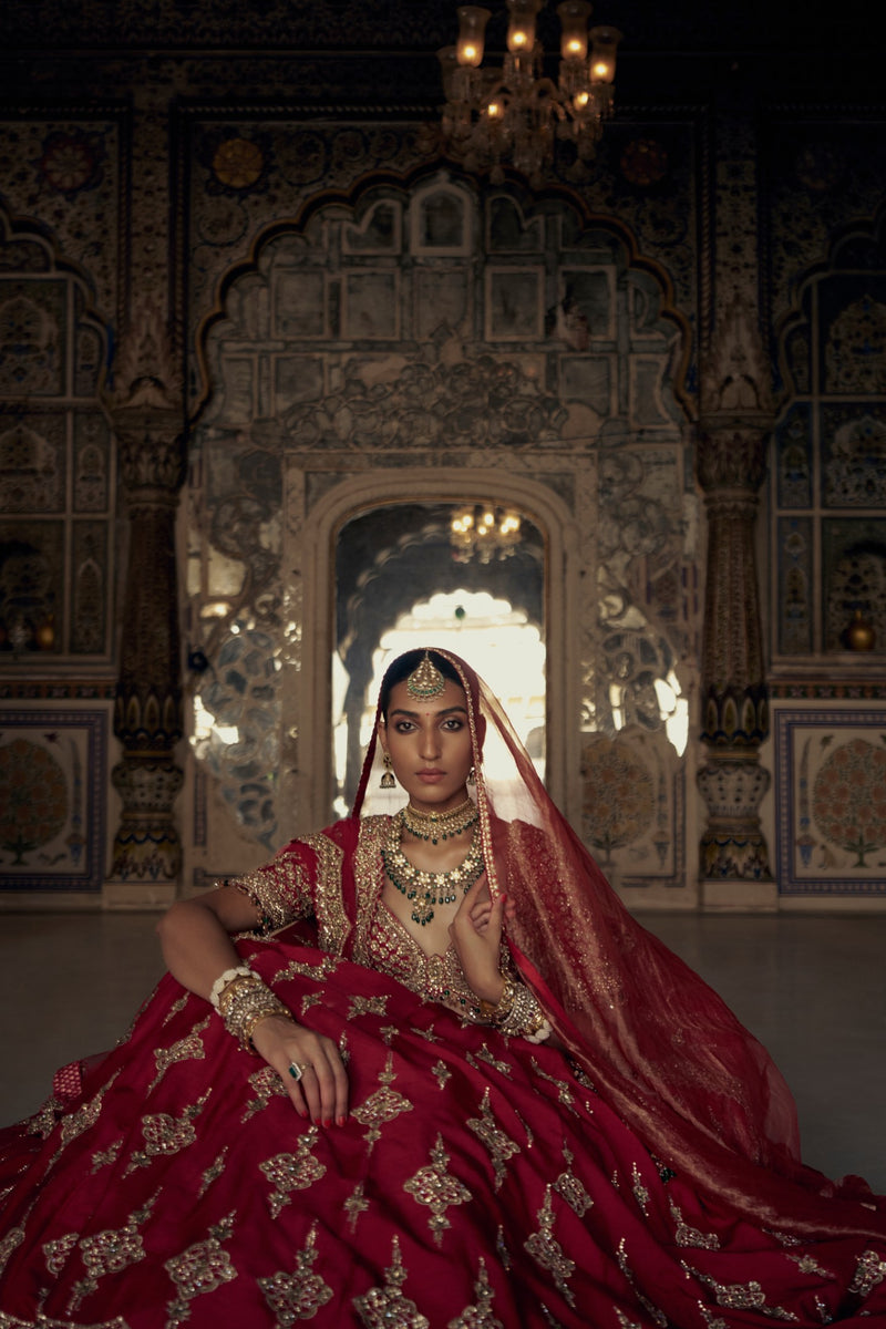 DEEP RED RAW SILK LEHENGA CHOLI SET WITH A TULLE DUPATTA