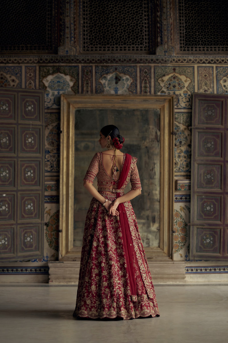 DEEP RED RAW SILK LEHENGA CHOLI WITH NET DUPATTA