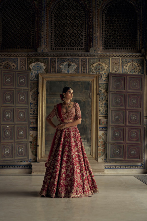 DEEP RED RAW SILK LEHENGA CHOLI WITH NET DUPATTA