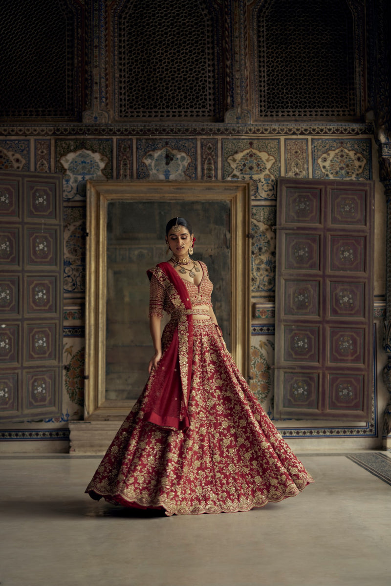 DEEP RED RAW SILK LEHENGA CHOLI WITH NET DUPATTA