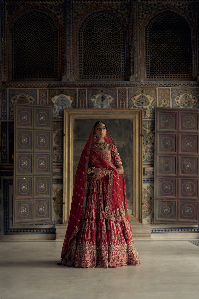 DEEP RED RAW SILK LEHENGA CHOLI SET WITH A TULLE DUPATTA