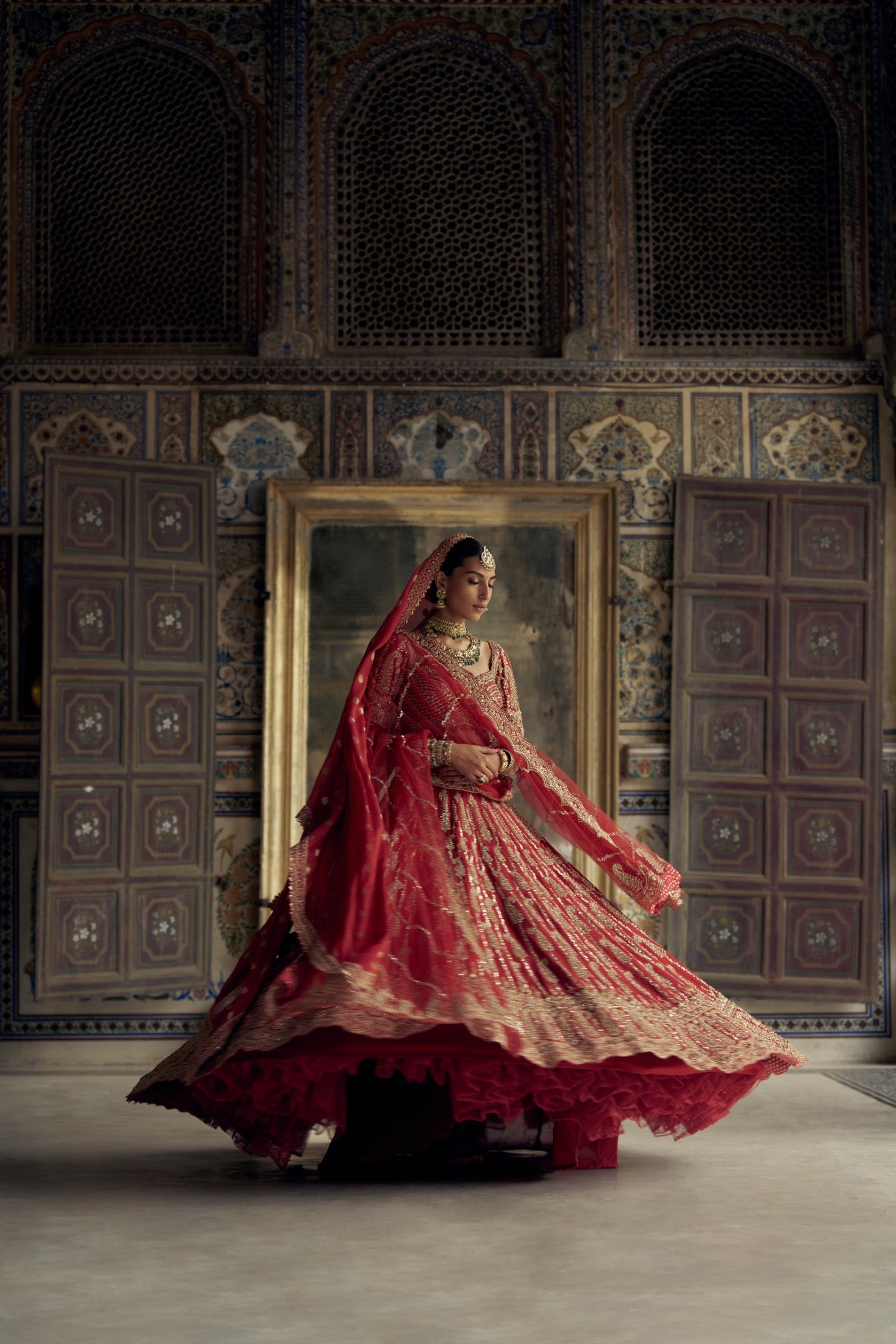 DEEP RED RAW SILK LEHENGA CHOLI SET WITH A TULLE DUPATTA