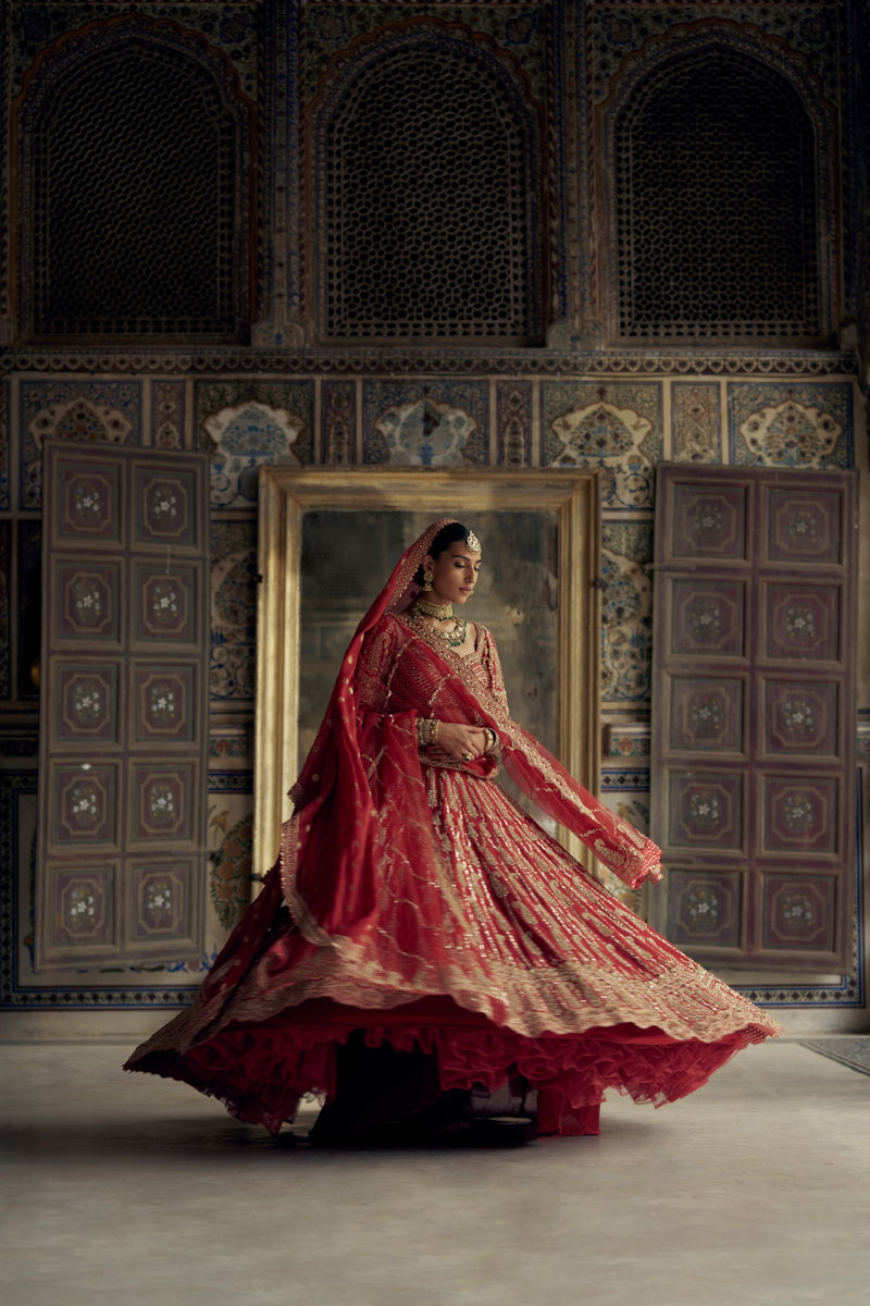 DEEP RED RAW SILK LEHENGA CHOLI SET WITH A TULLE DUPATTA