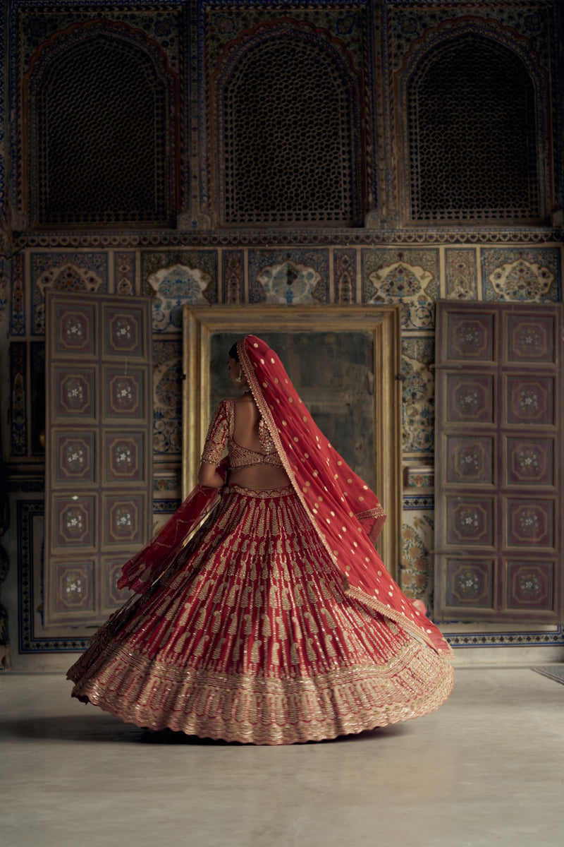 DEEP RED RAW SILK LEHENGA CHOLI SET WITH A TULLE DUPATTA