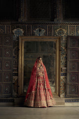 RED RAW SILK LEHENGA CHOLI SET WITH A HEAVY NET DUPATTA