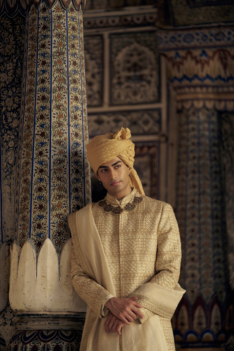 GOLD SHERWANI SET WITH CHOGA AND CHURIDAR