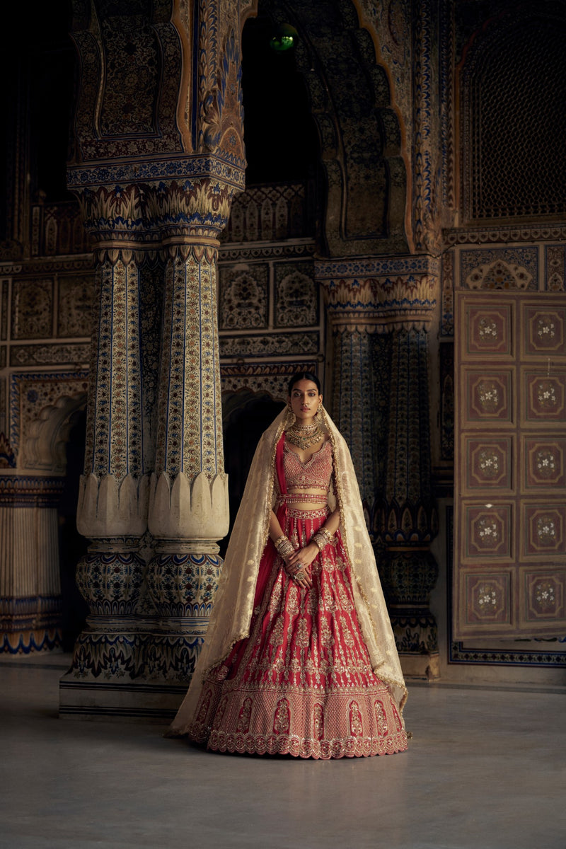 BLOOD RED SILK  LEHENGA CHOLI SET WITH A WORKED TULLE DUPATTA