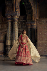 BLOOD RED SILK  LEHENGA CHOLI SET WITH A WORKED TULLE DUPATTA