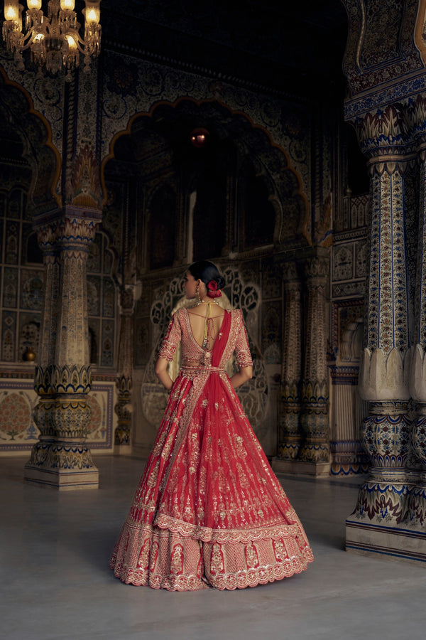 BLOOD RED SILK  LEHENGA CHOLI SET WITH A WORKED TULLE DUPATTA