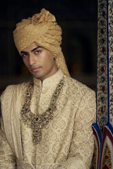 GOLD RAW SILK SHERWANI WITH KURTA AND CHURIDAR