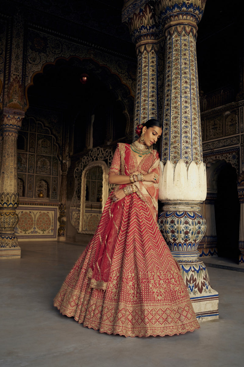 RED RAW SILK LEHENGA CHOLI WITH A NET DUPATTA