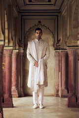 BLUSH RAW SILK SHERWANI WITH KURTA AND TROUSER