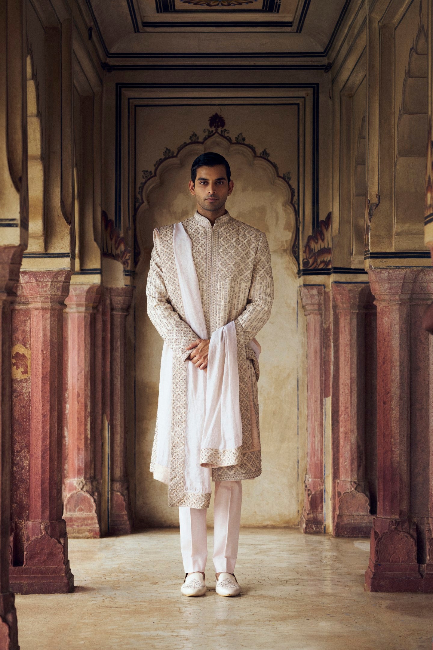 LIGHT BEIGE RAW SILK SHERWANI WITH KURTA CHURIDAR
