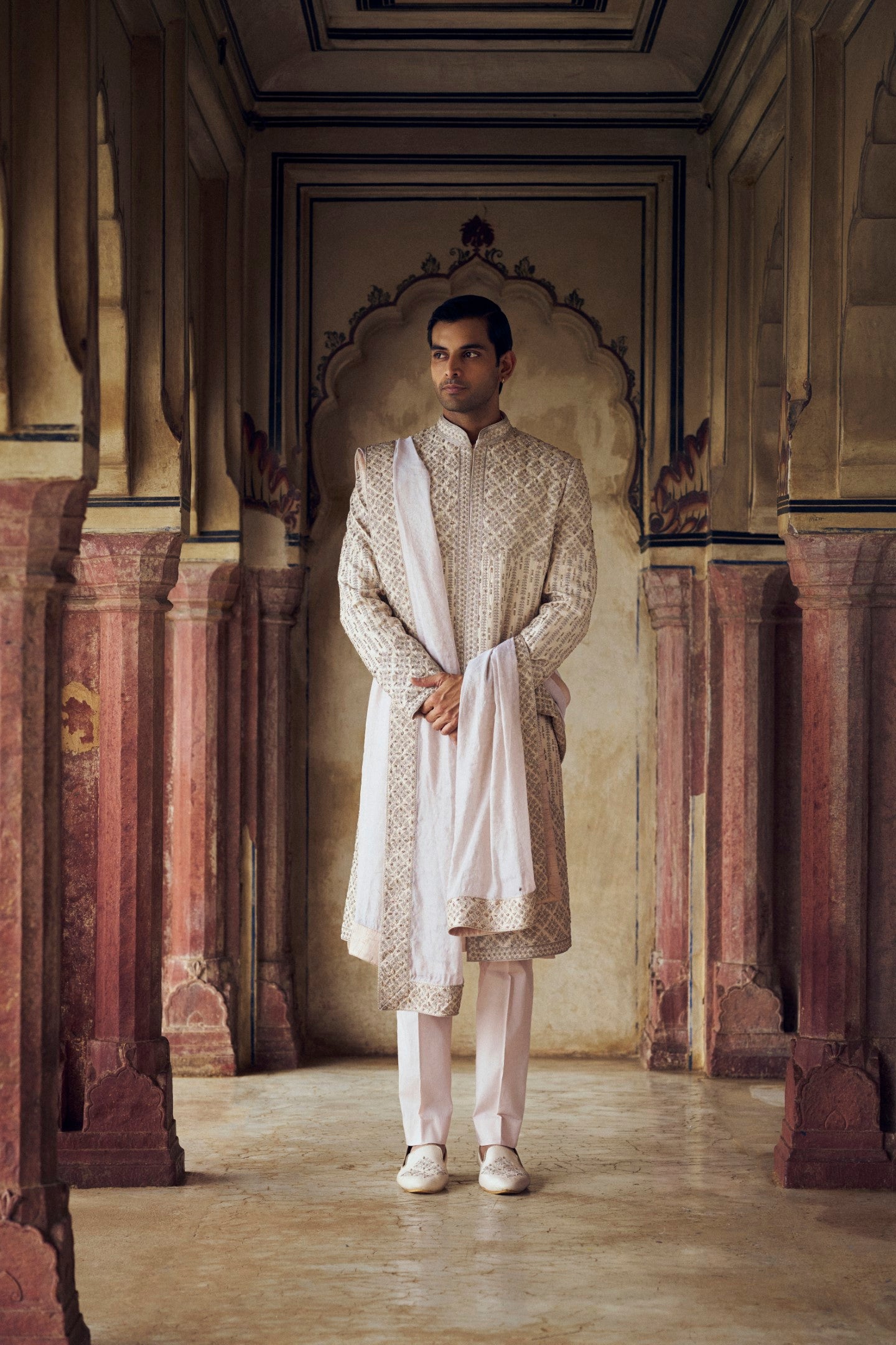 LIGHT BEIGE RAW SILK SHERWANI WITH KURTA CHURIDAR