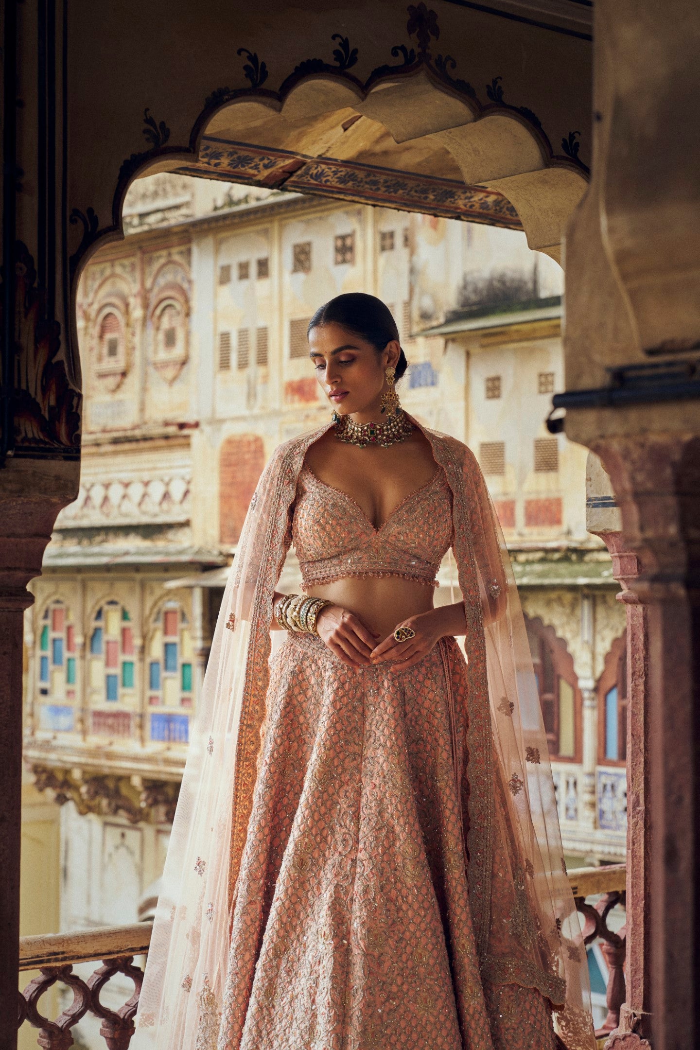 PEACH TAFETTA SILK LEHENGA CHOLI SET WITH A TULLE DUPATTA