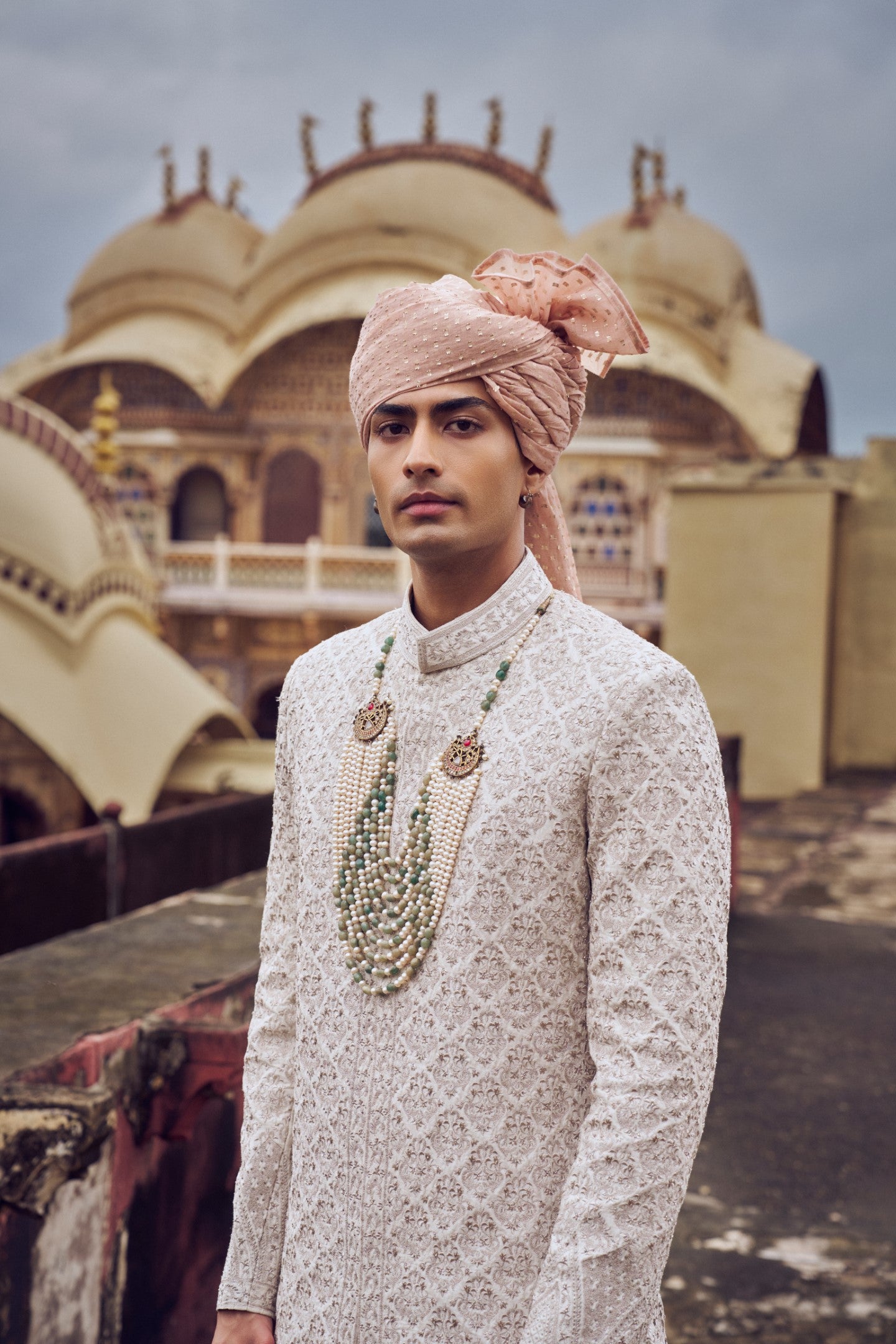 NUDE RAW SILK SHERWANI WITH KURTA AND CHURIDAR