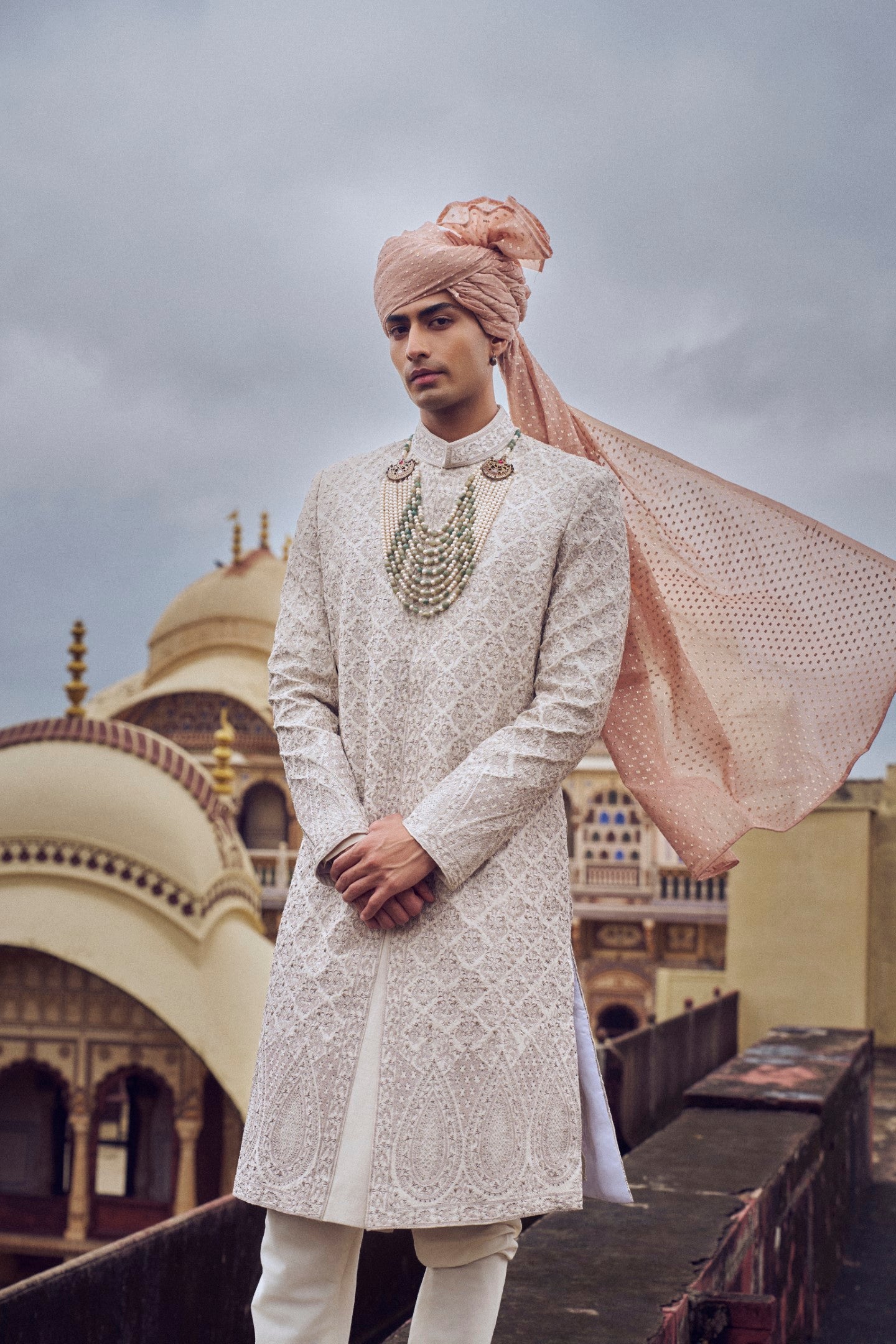 NUDE RAW SILK SHERWANI WITH KURTA AND CHURIDAR