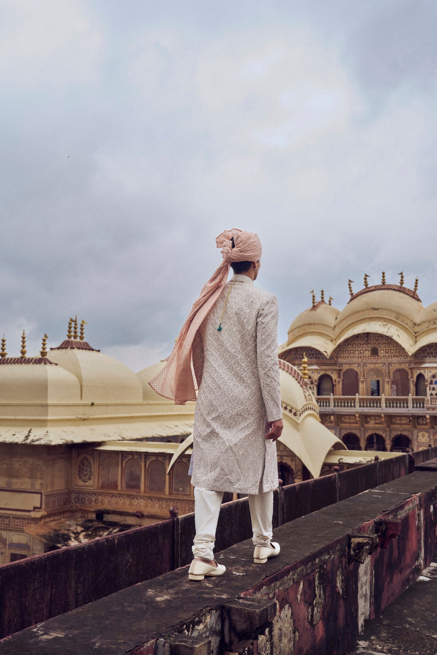 NUDE RAW SILK SHERWANI WITH KURTA AND CHURIDAR