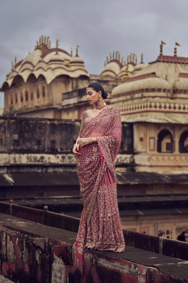 MAROON NET EMBROIDERED SAREE BLOUSE WITH PETTICOAT