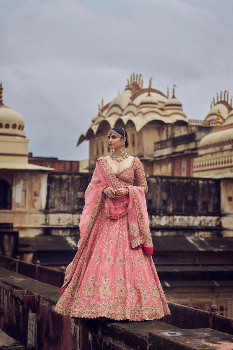 ROSE PINK RAW SILK LEHENGA CHOLI WITH NET DUPATTA