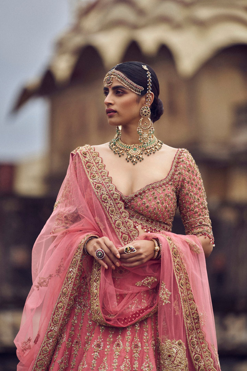 ROSE PINK RAW SILK LEHENGA CHOLI WITH NET DUPATTA