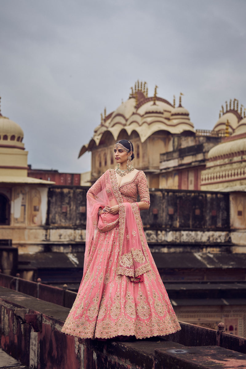 ROSE PINK RAW SILK LEHENGA CHOLI WITH NET DUPATTA