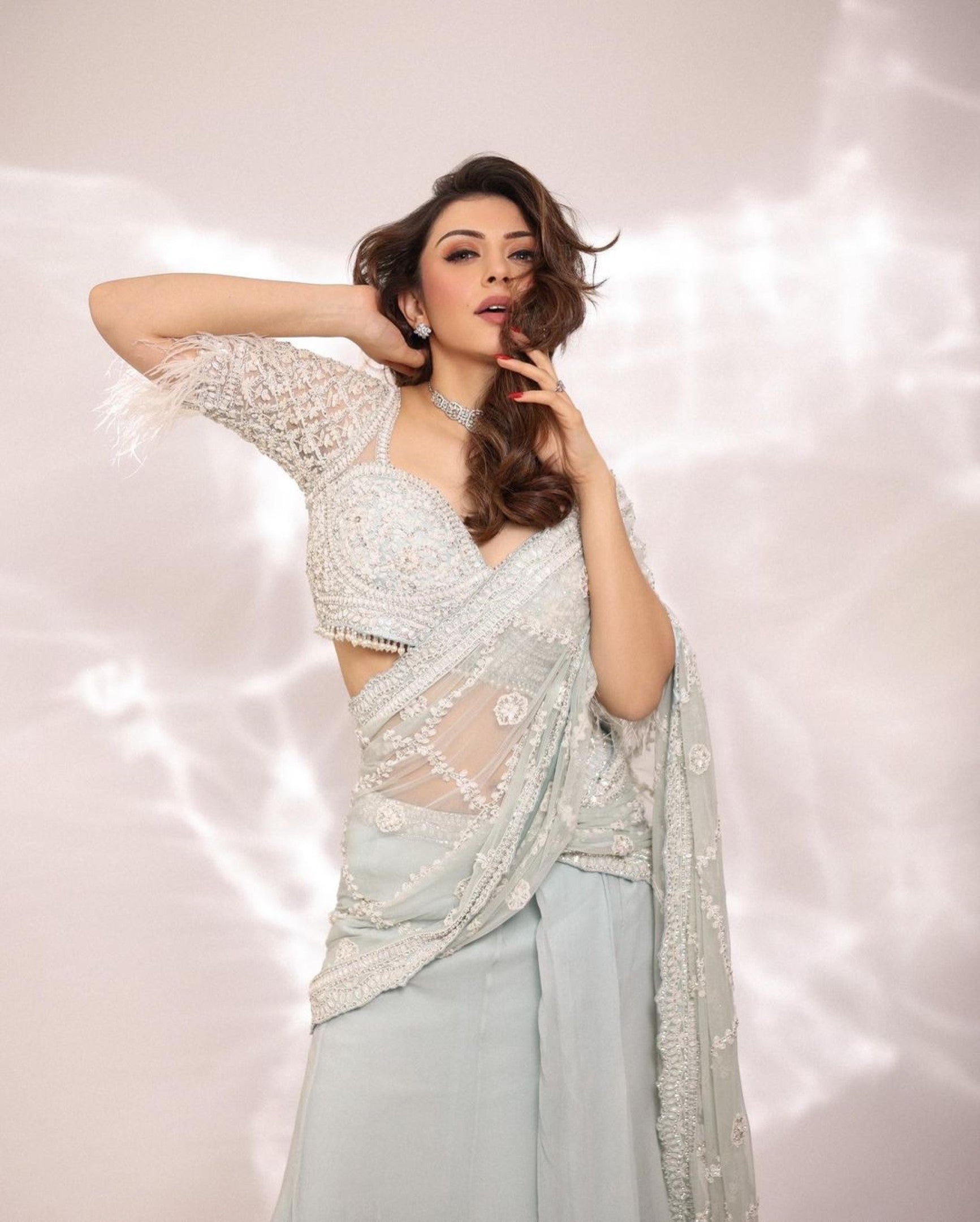 HANSIKA MOTWANI IN ICE BLUE SHIMMER GGT. DRAPED SAREE