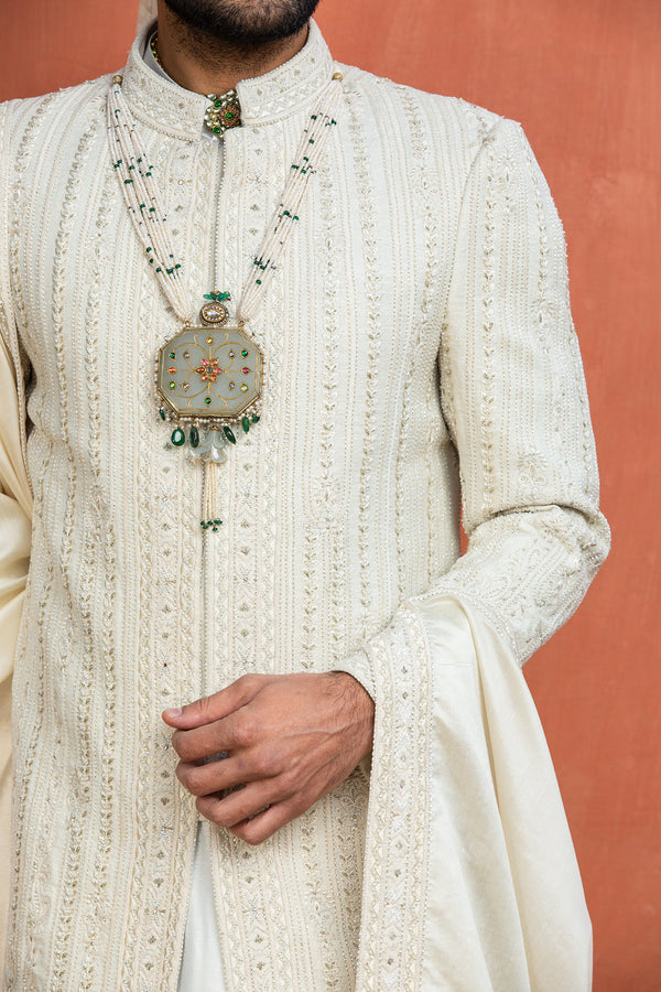 Cream Matka Achkan with Monga Kurta and Churidar