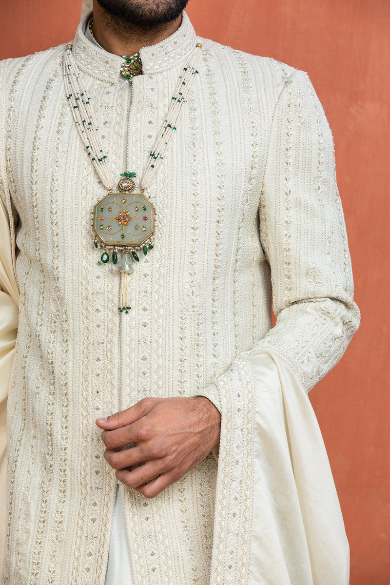 Cream Matka Achkan with Monga Kurta and Churidar