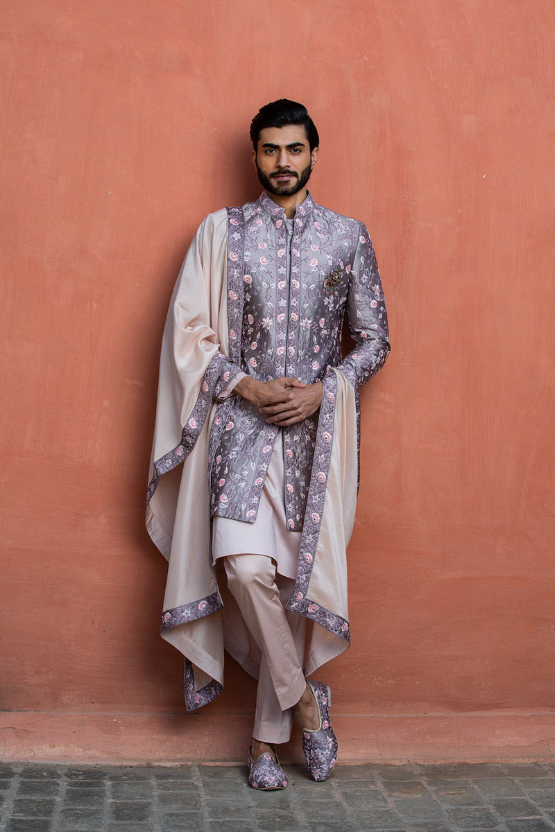 Lilac Taffeta Floral Embroidered Achkan with Kurta and Pant