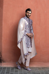 Lilac Taffeta Floral Embroidered Achkan with Kurta and Pant