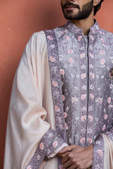 Lilac Taffeta Floral Embroidered Achkan with Kurta and Pant