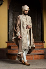 Beige Brown Raw Silk Patchwork Embroidered Achkan with Monga Kurta and Churidar