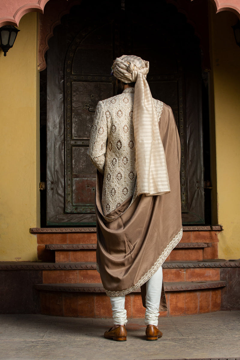 Beige Brown Raw Silk Patchwork Embroidered Achkan with Monga Kurta and Churidar