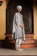 Grey Dupioni Silk Applique Embroidered Achkan and Belt with Monga Kurta and Churidar