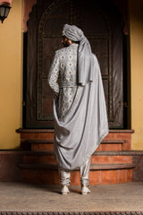 Grey Dupioni Silk Applique Embroidered Achkan and Belt with Monga Kurta and Churidar