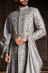 Grey Dupioni Silk Applique Embroidered Achkan and Belt with Monga Kurta and Churidar