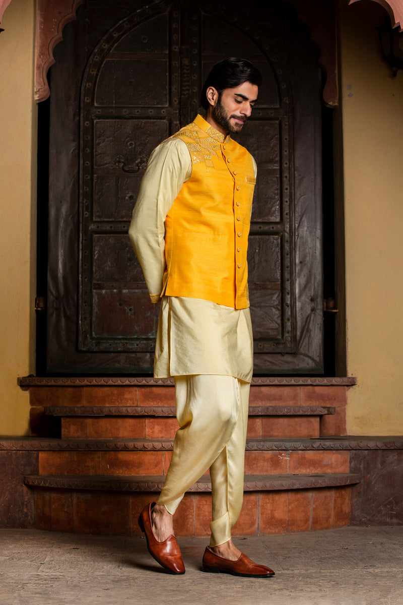 Lemon Kurta Dhoti Set with Yellow Raw Silk Embroidered Jacket