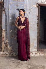 Burgundy Satin Drape Saree