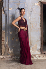 Burgundy Satin Drape Saree