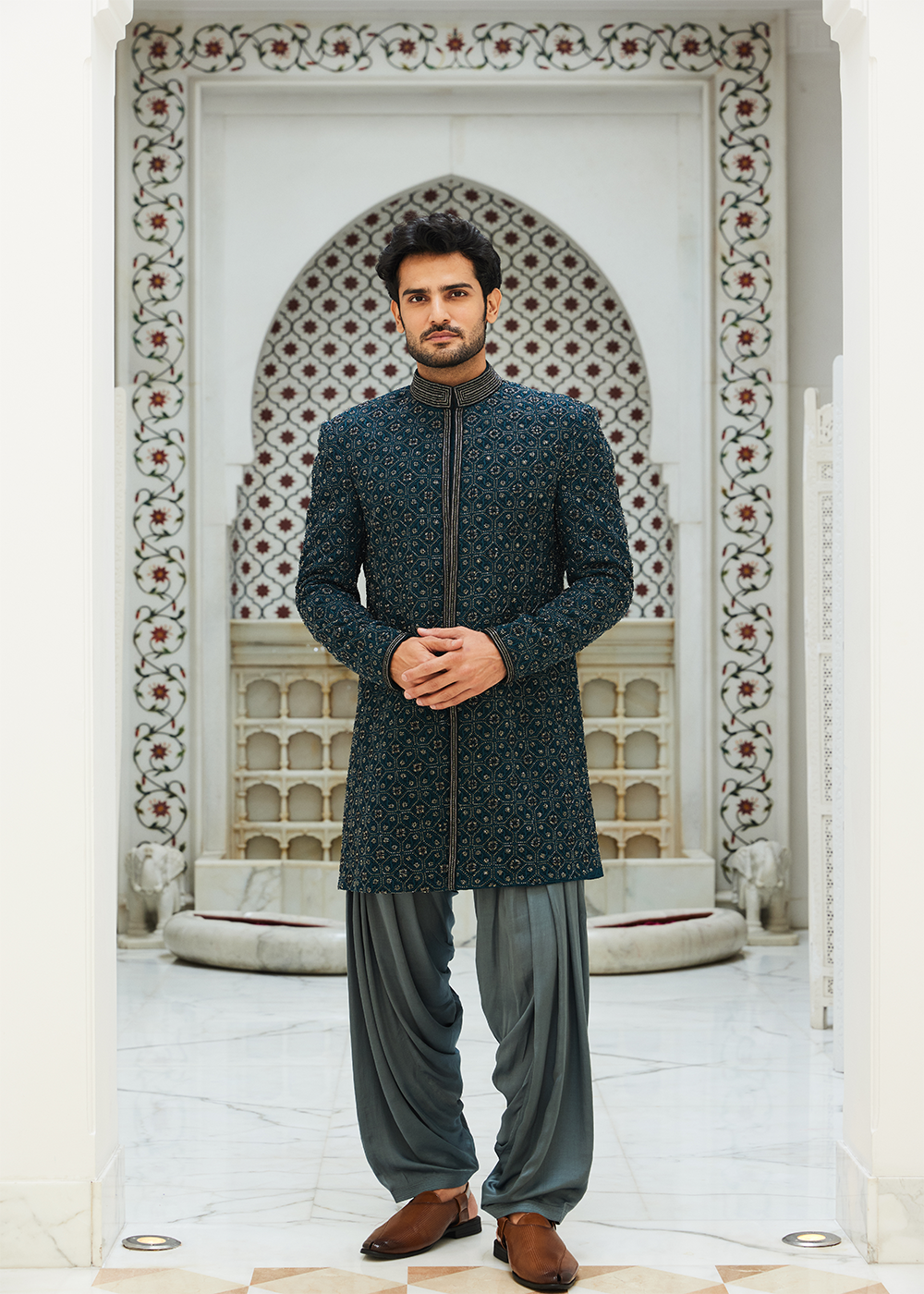 Teal Blue Raw Silk Short Sherwani with Gunmetal Grey Kurta & Salwar