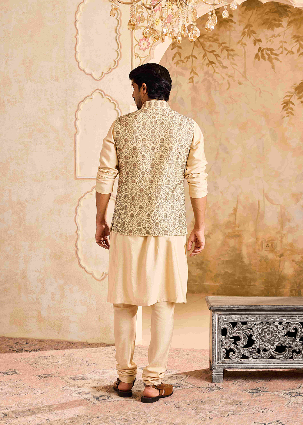 Beige Bundi Jacket Kurta Churidar