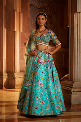 Vibrant Aqua Tafetta Lehenga Choli with Tulle Dupatta