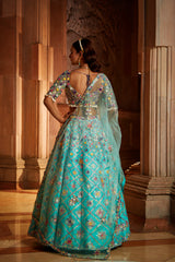 Vibrant Aqua Tafetta Lehenga Choli with Tulle Dupatta