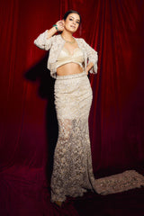 Aakriti Ahuja In Ivory Trail Skirt With Pleated Crop Top And Veil